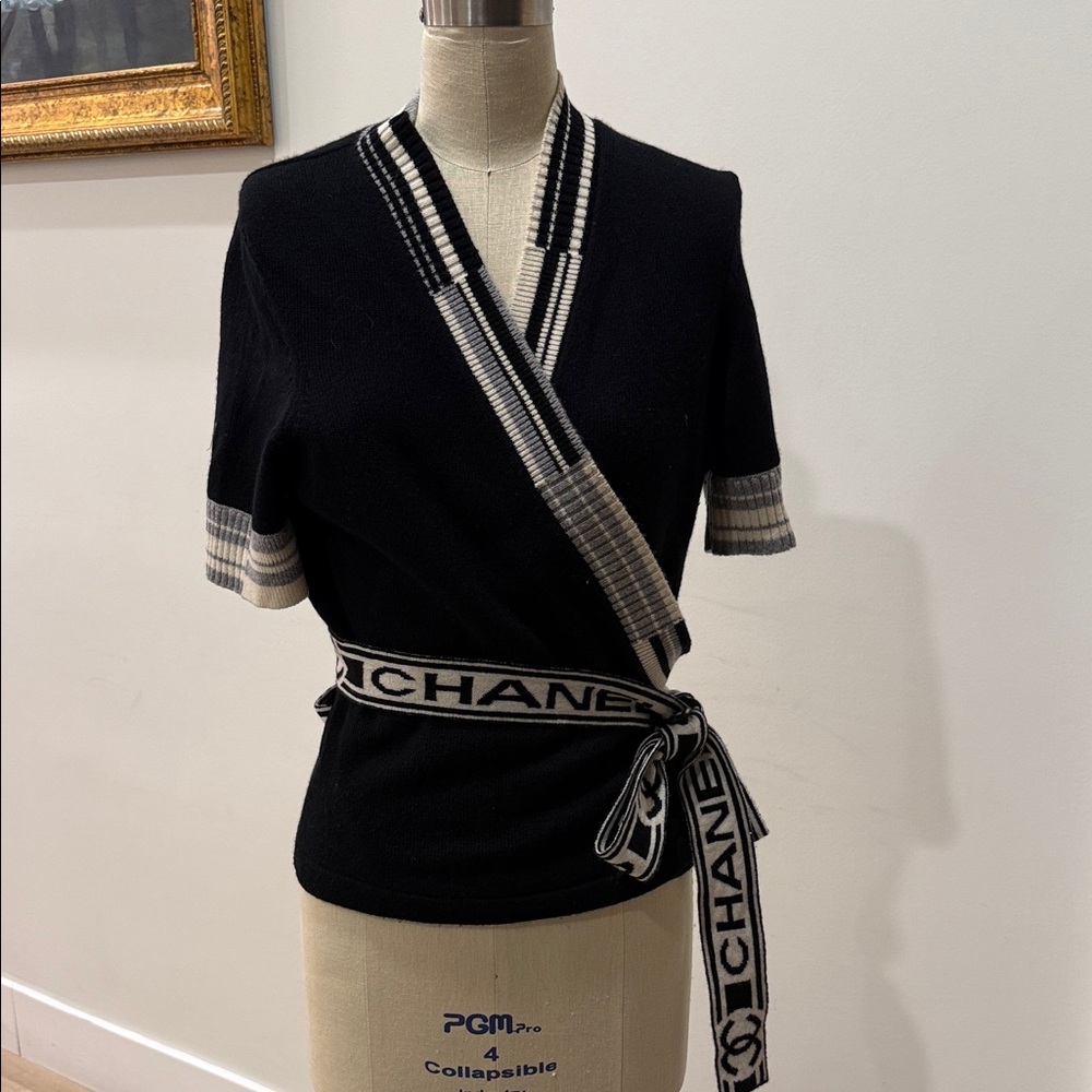 CHANEL Black Wrap Top with Logo Accents